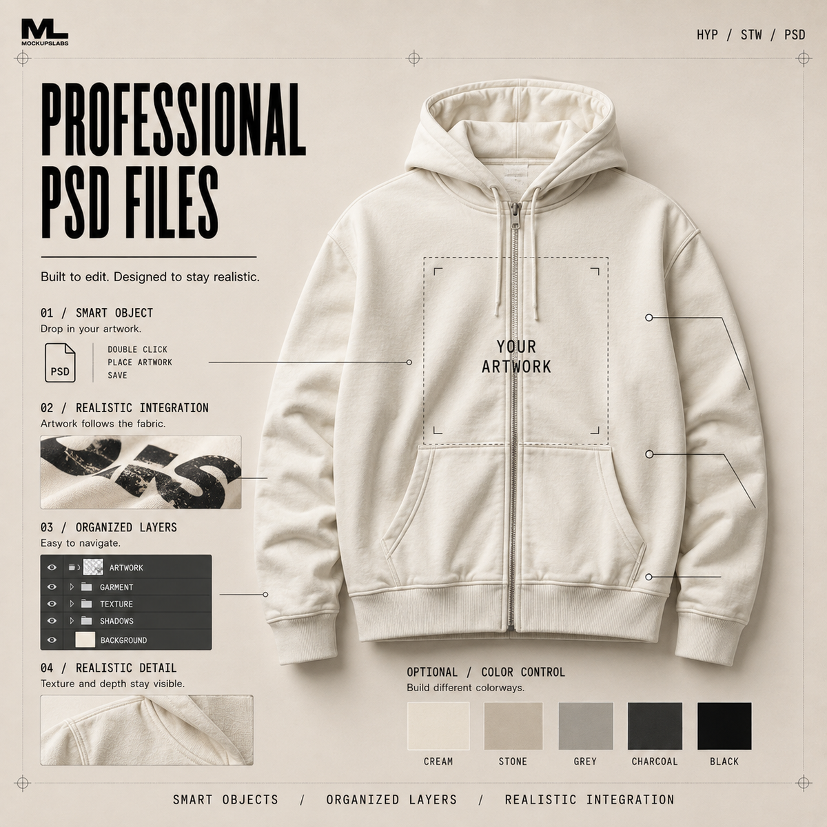Hyperrealistic Streetwear professional PSD mockup file with editable organized layers