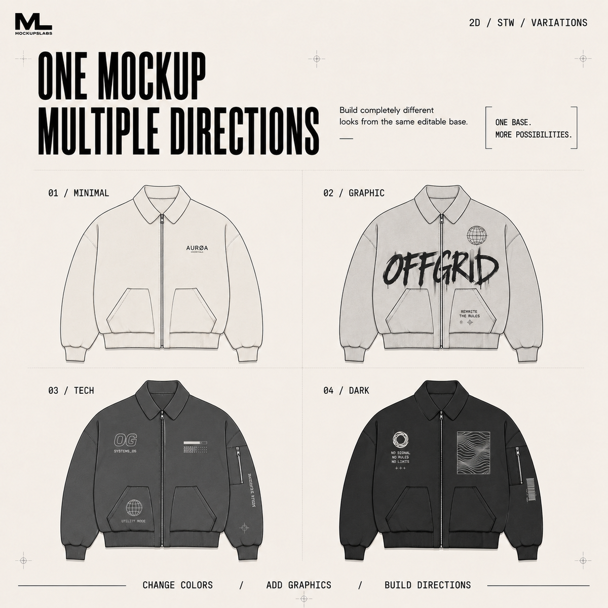 2D Streetwear clothing mockup versatility across multiple design directions