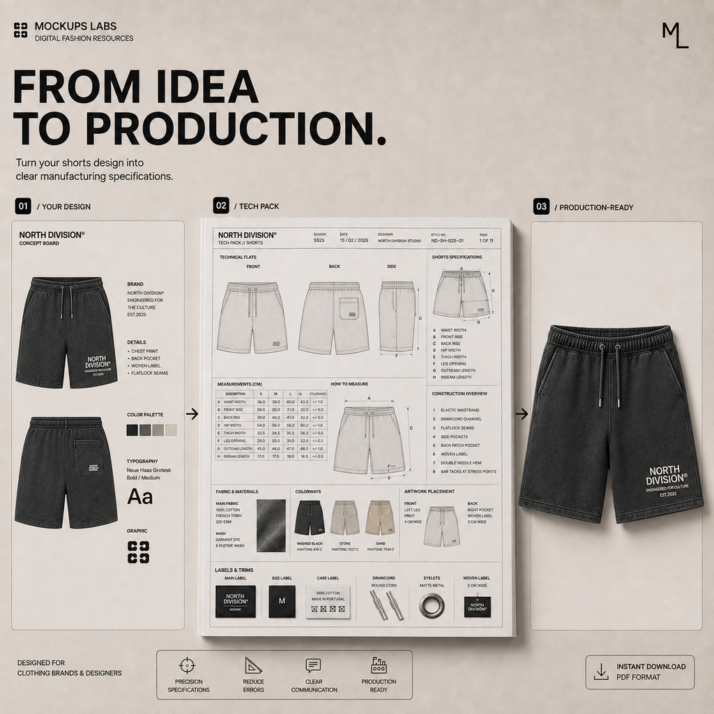 Shorts Tech Pack technical flats and production detail template preview