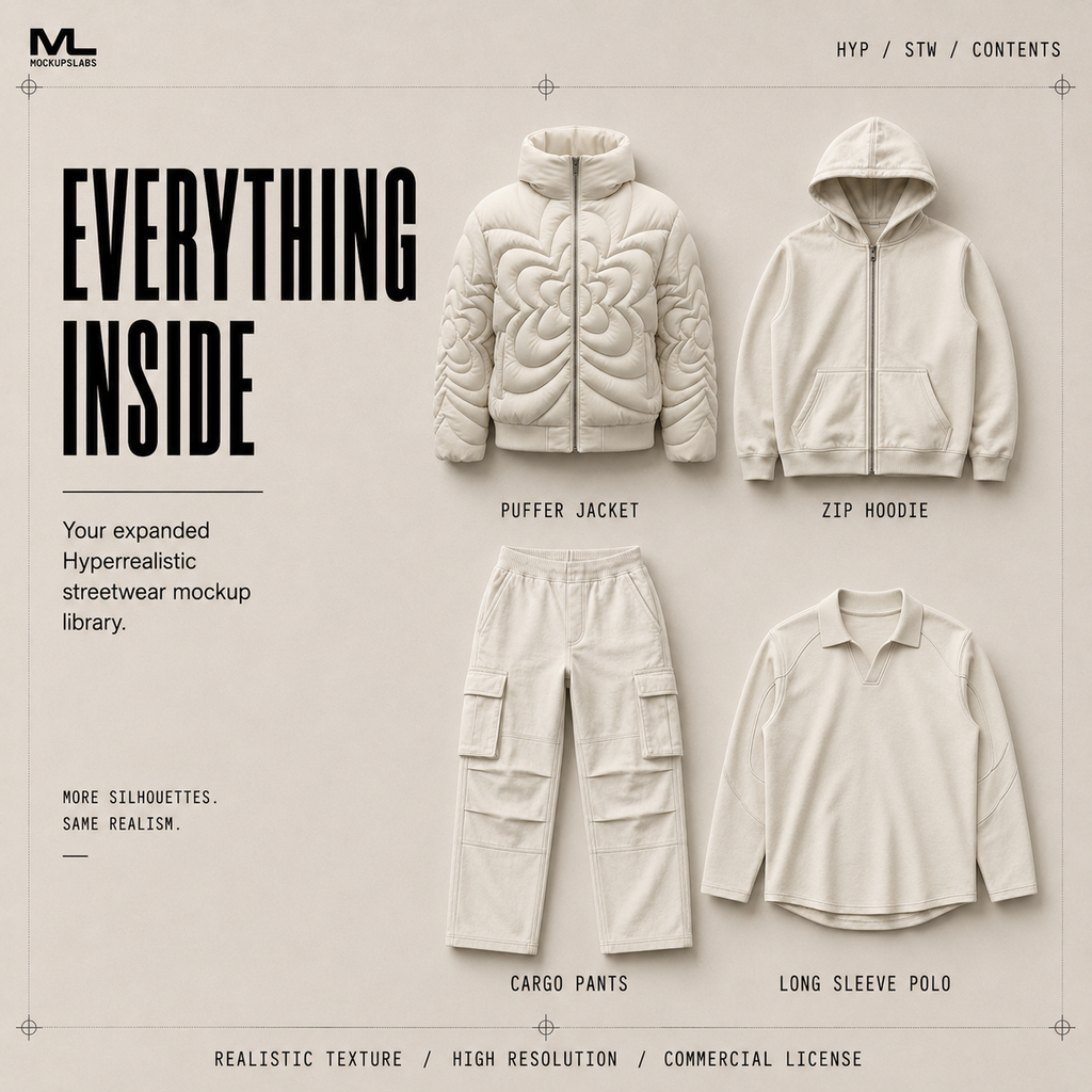 Hyperrealistic Streetwear mockup library overview showing the garments included