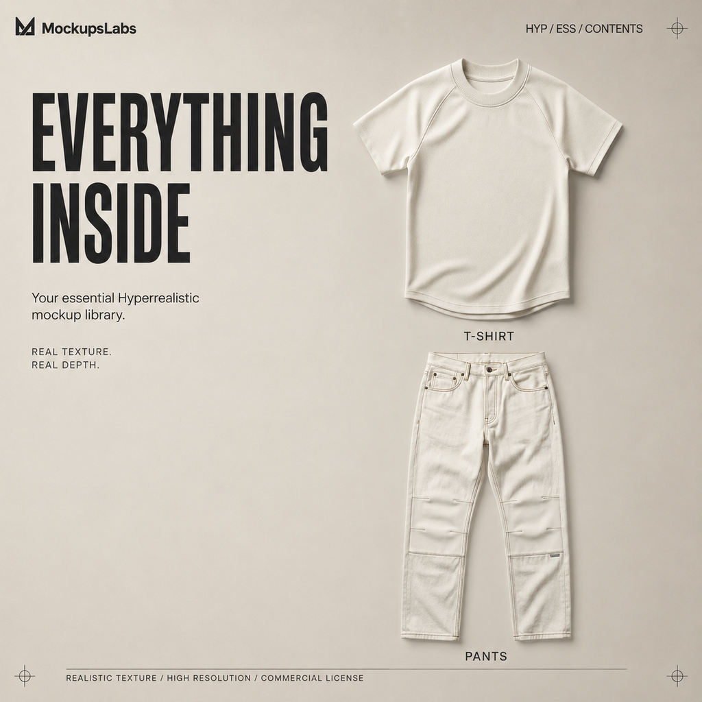 Hyperrealistic Essentials mockup library overview showing the garments included