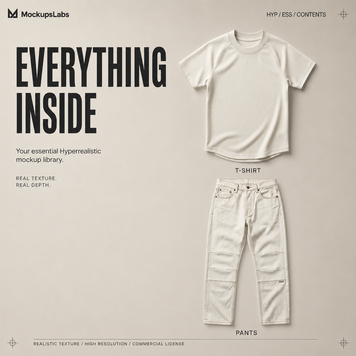 Hyperrealistic Essentials mockup library overview showing the garments included