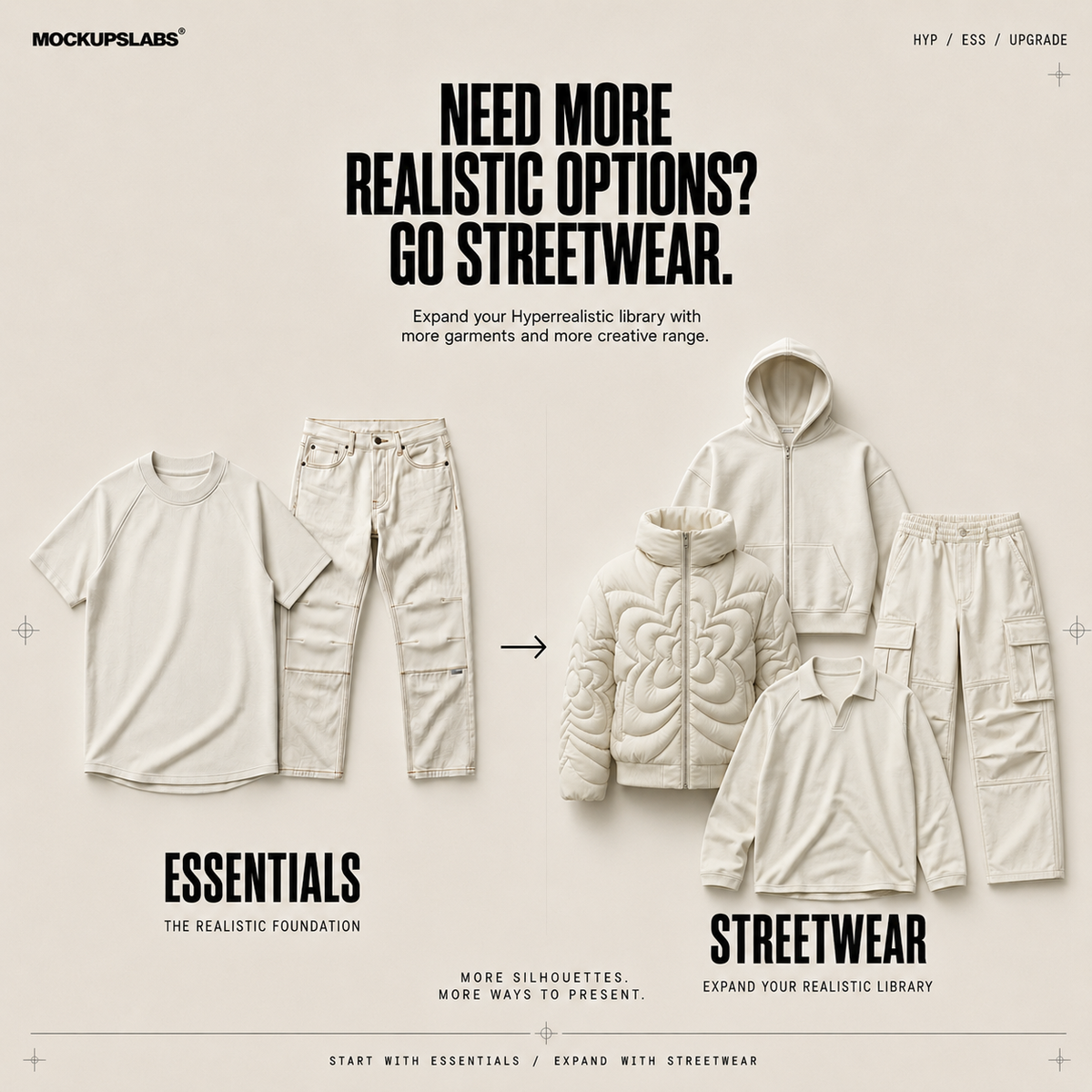 Hyperrealistic Essentials and Streetwear mockup library comparison