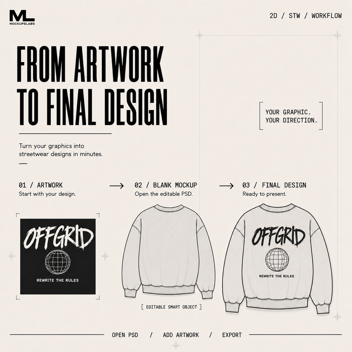 2D Streetwear workflow from artwork to blank mockup and final clothing design