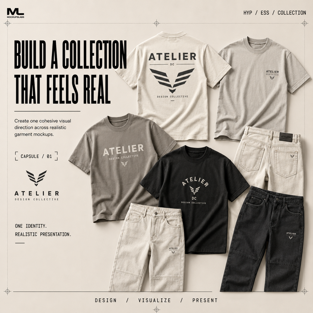 Hyperrealistic Essentials collection presentation with realistic apparel designs