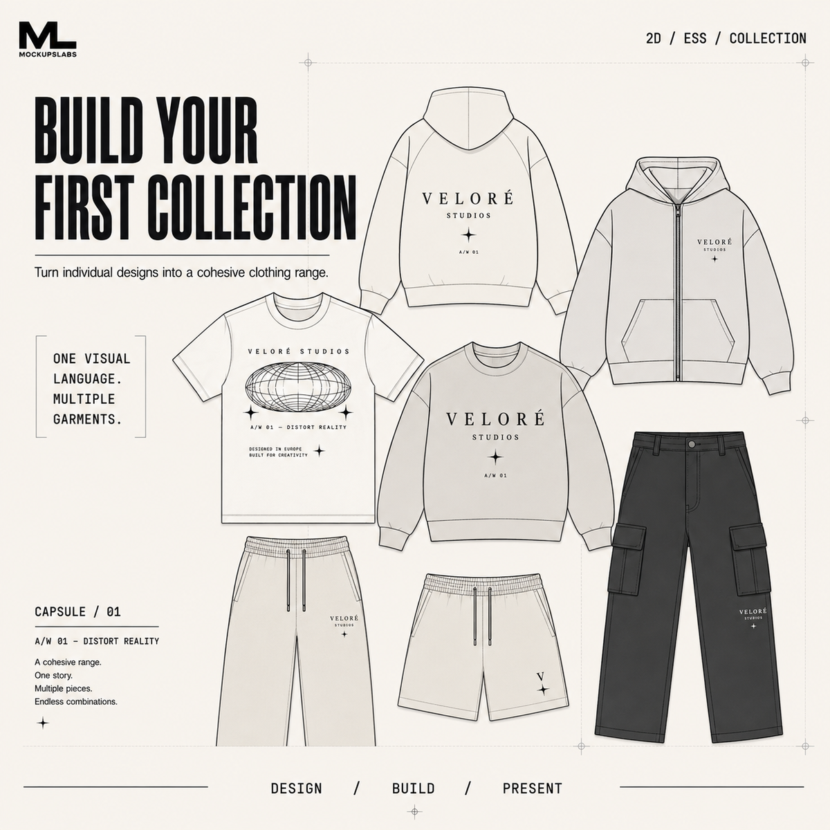 2D Essentials mockup collection presentation with multiple apparel designs