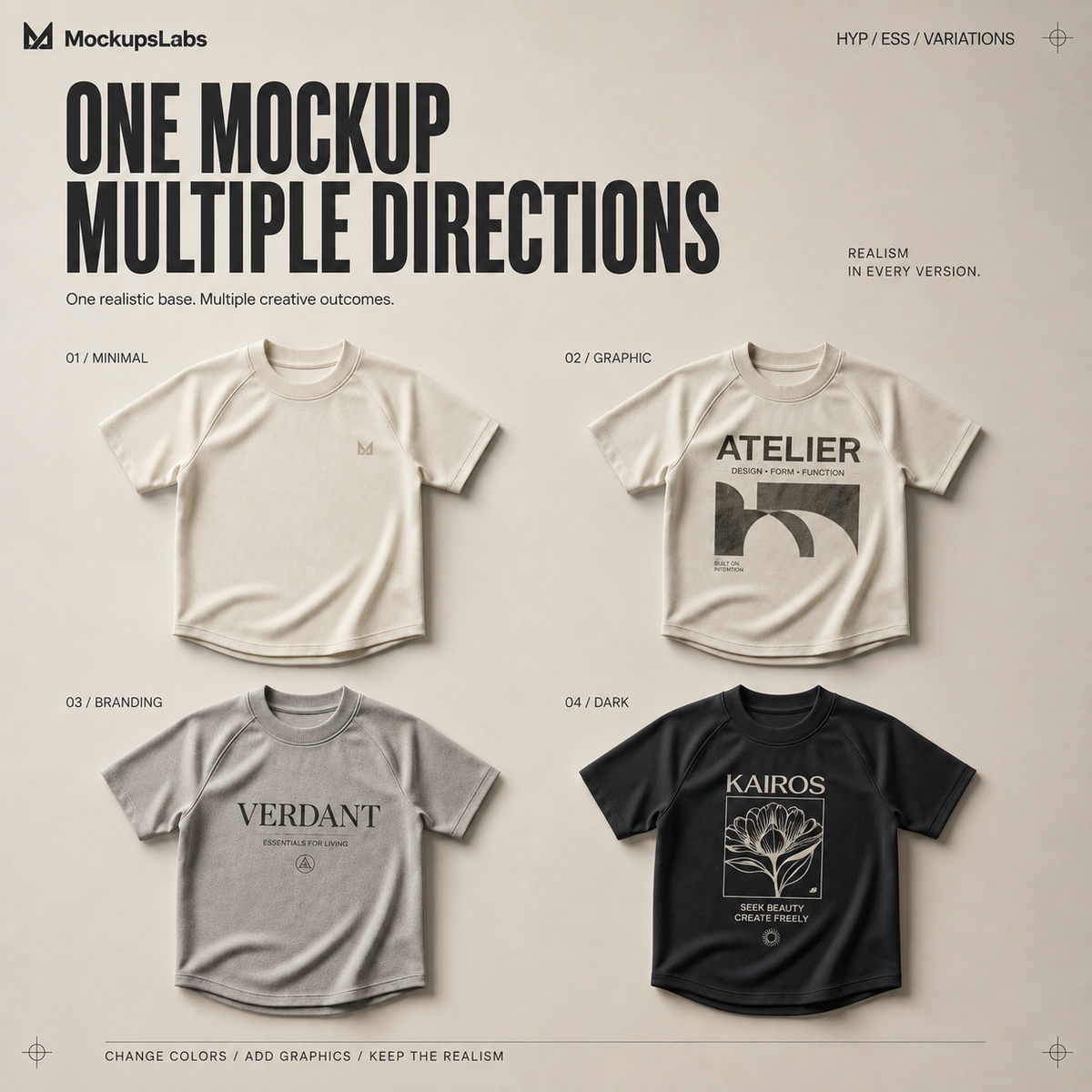 Hyperrealistic Essentials mockup versatility across multiple design directions