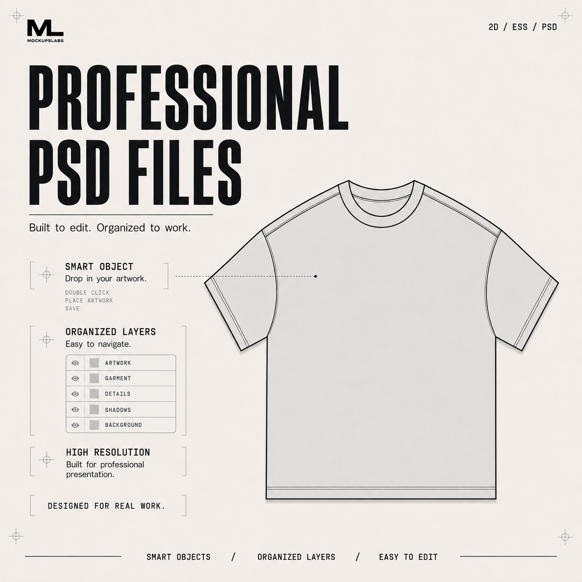 2D Essentials professional PSD mockup file with Smart Objects and organized layers