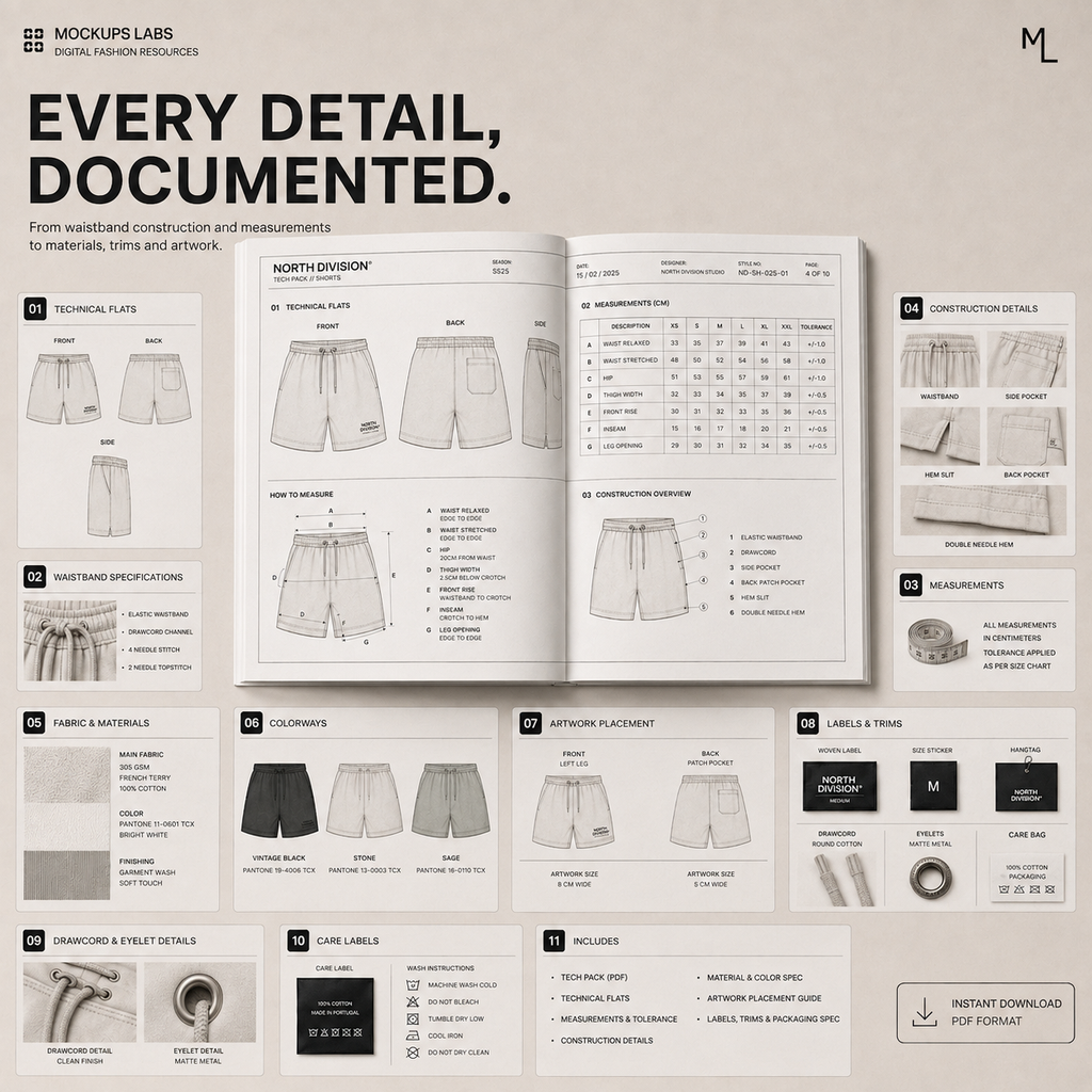 Shorts Tech Pack measurement and garment specification template preview