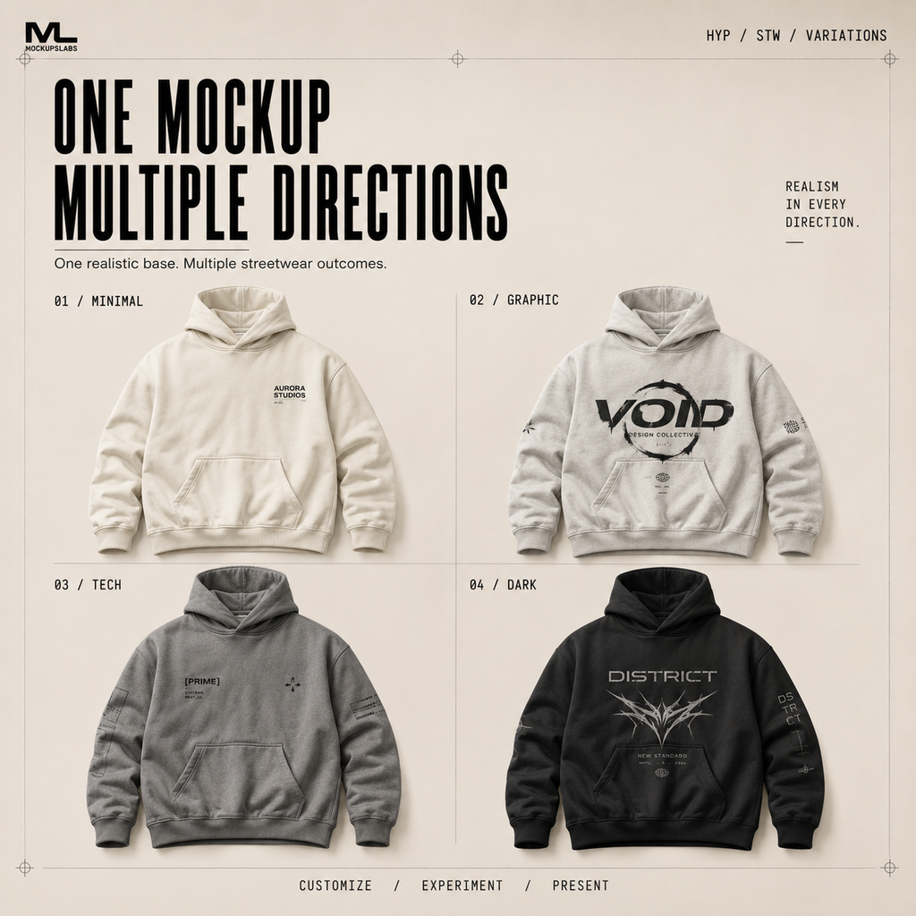 Hyperrealistic Streetwear mockup versatility across multiple design directions