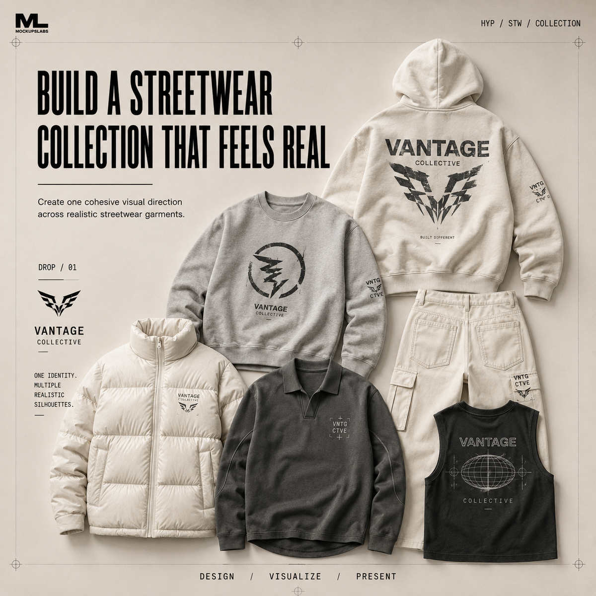 Hyperrealistic Streetwear collection presentation with realistic apparel designs