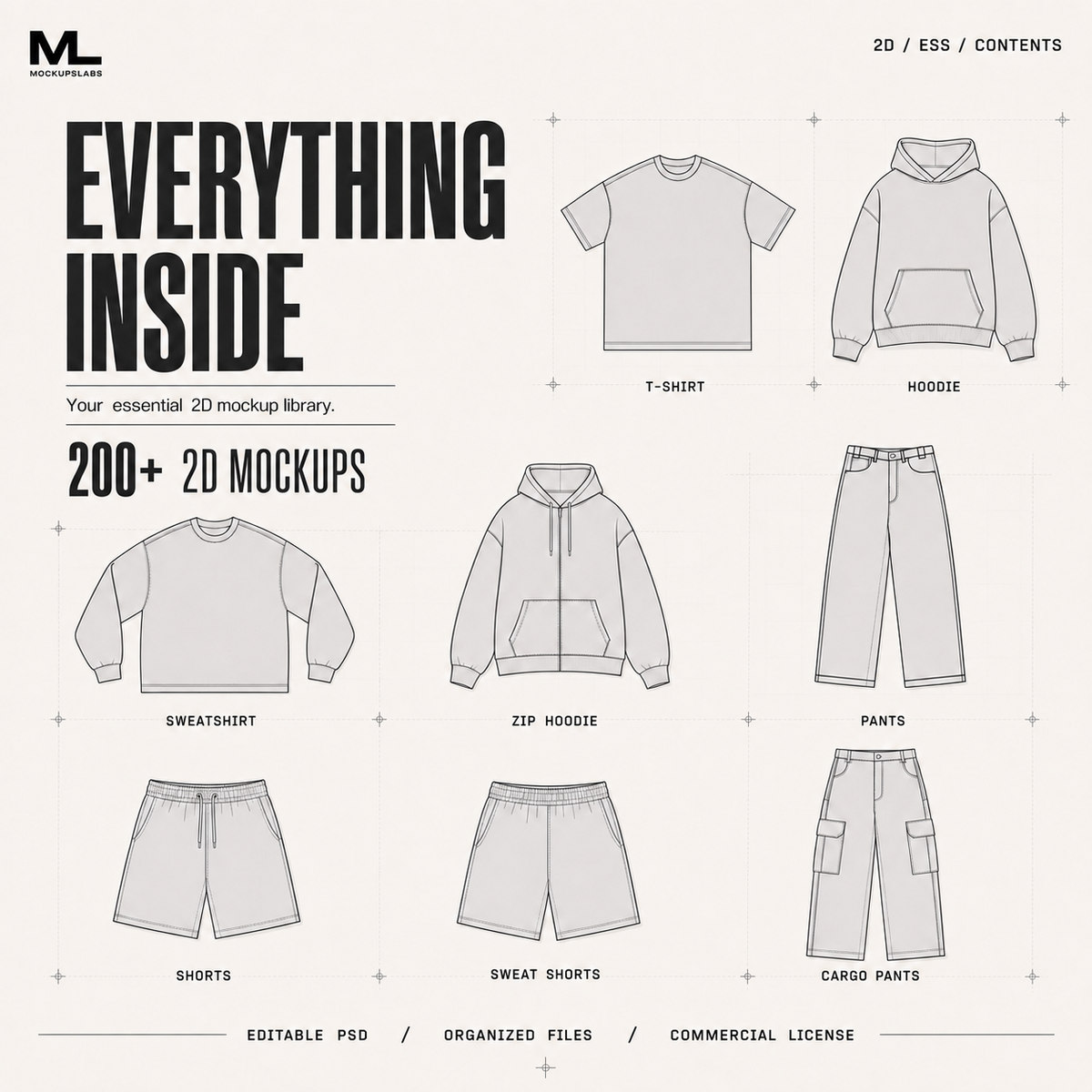2D Streetwear mockup library overview showing the garments included