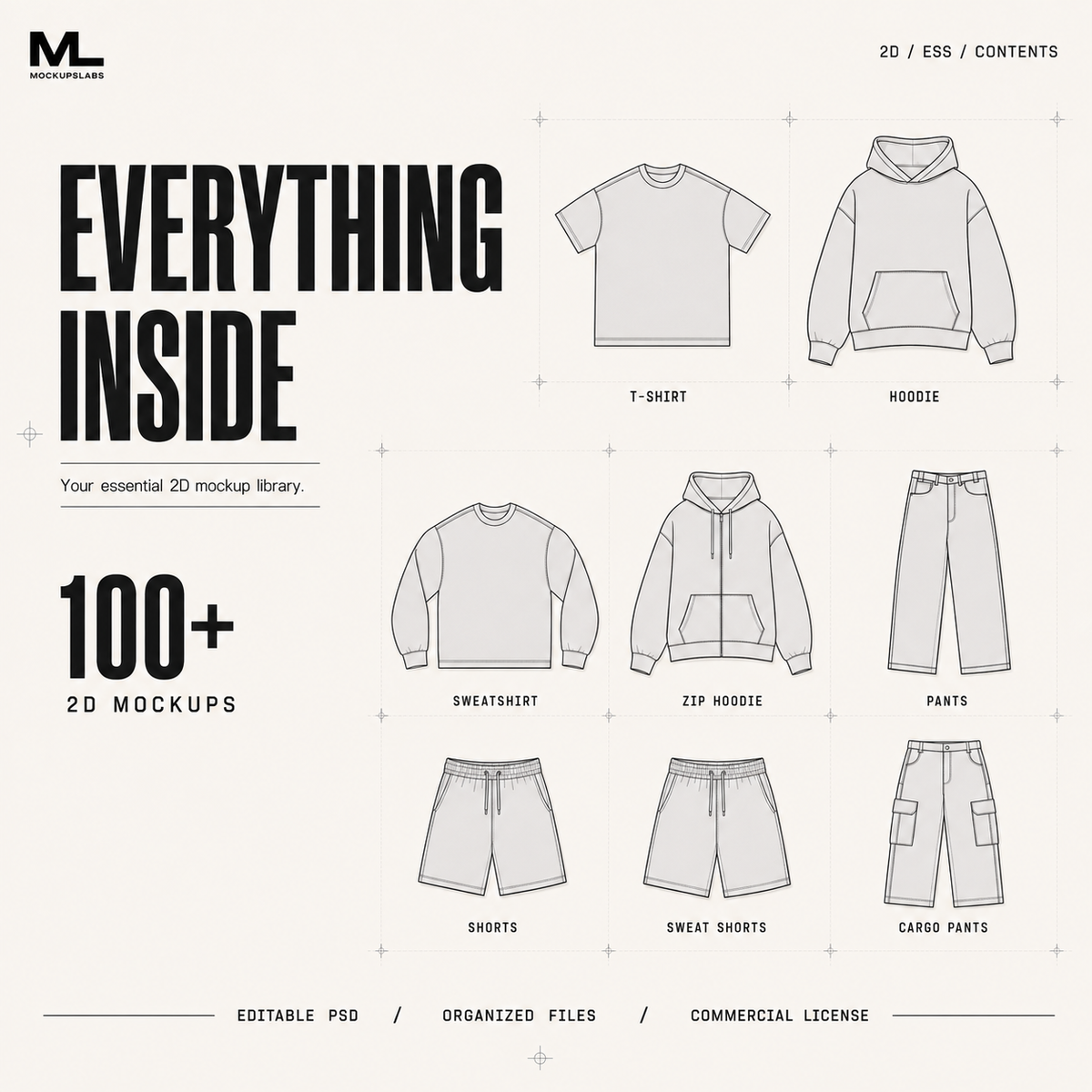 2D Essentials mockup library overview showing the garments included