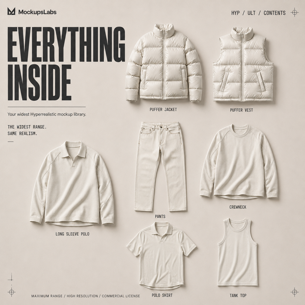 Hyperrealistic Ultimate mockup library overview showing the garments included