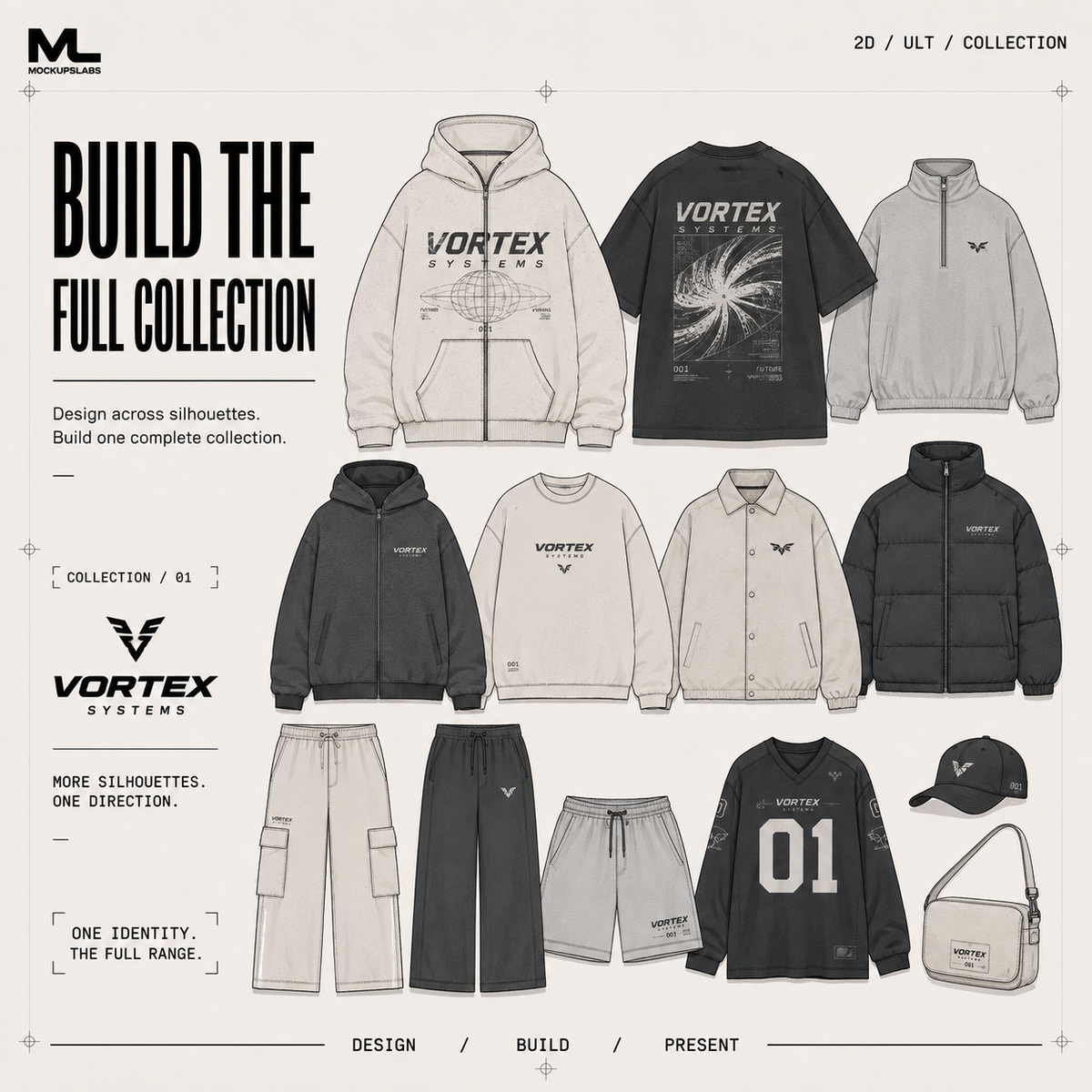 2D Ultimate mockup collection presentation with multiple apparel designs