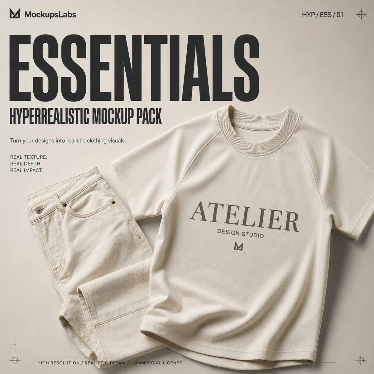 Hyperrealistic Essentials realistic clothing mockup pack cover