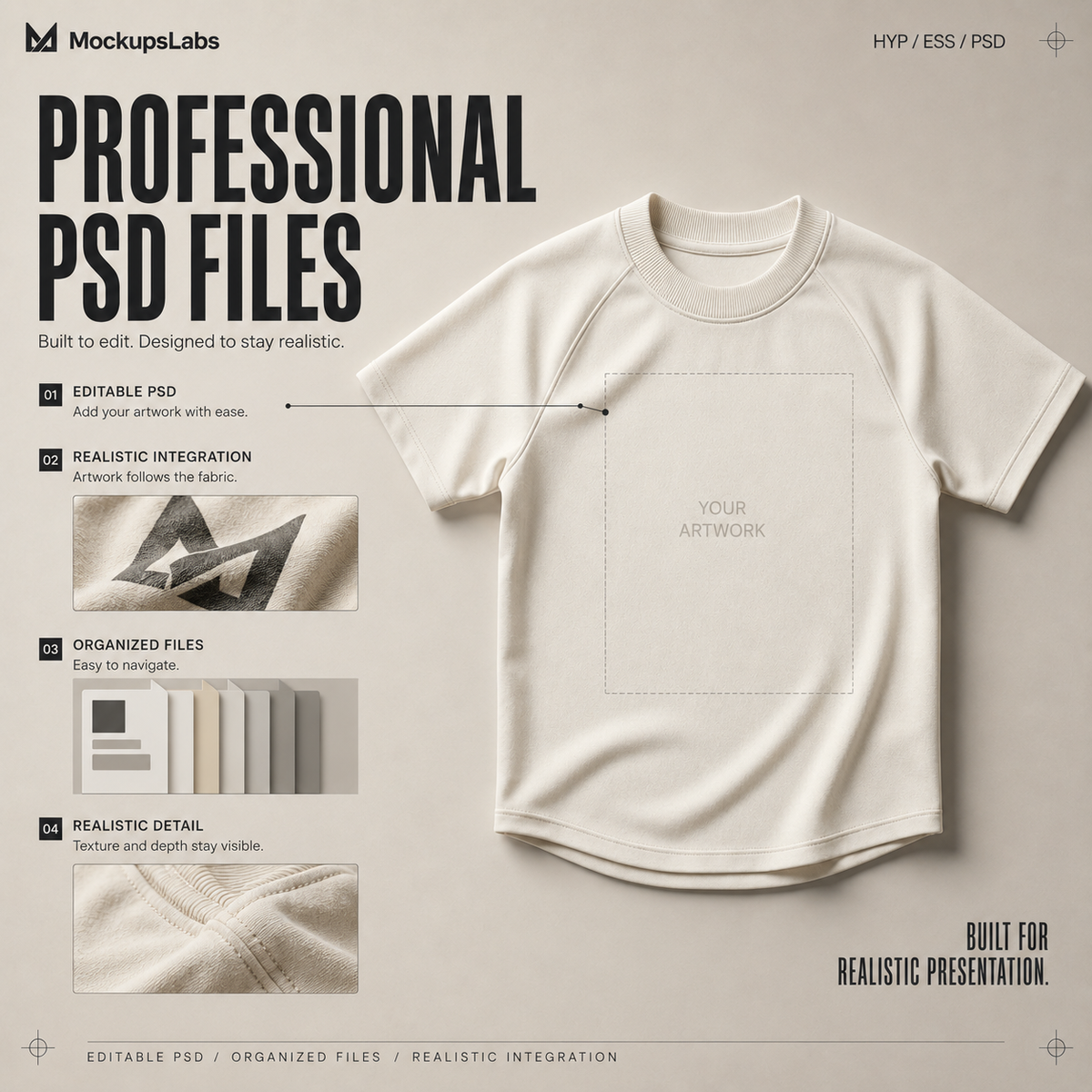 Hyperrealistic Essentials professional PSD mockup file with editable organized layers