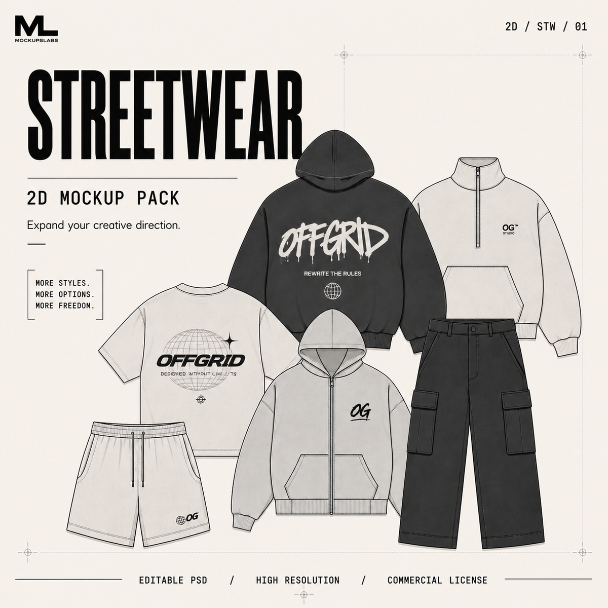 2D Streetwear editable clothing mockup pack cover