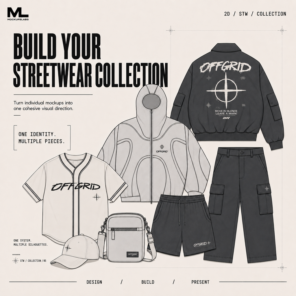 2D Streetwear mockup collection presentation with multiple apparel designs