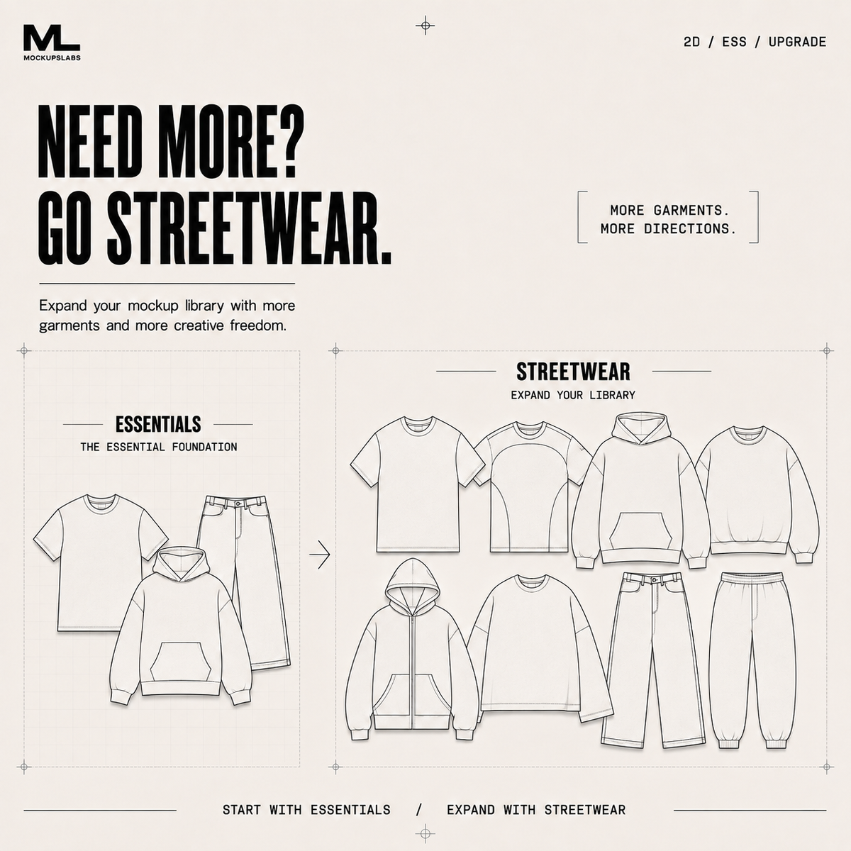 2D Essentials and 2D Streetwear mockup library comparison