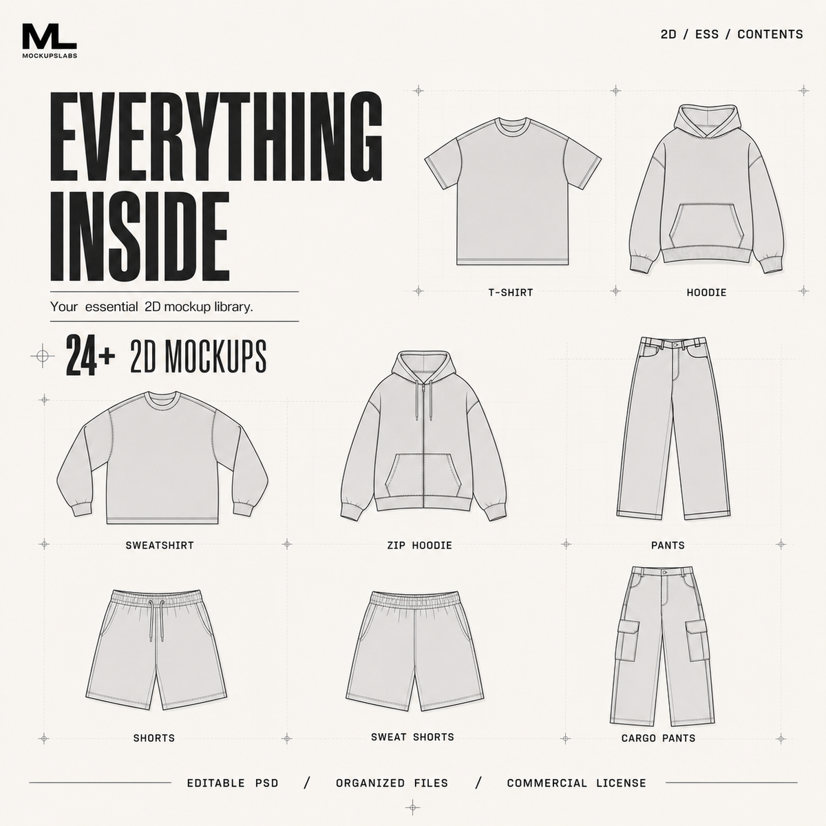 2D Essentials clothing mockup versatility across multiple garment designs