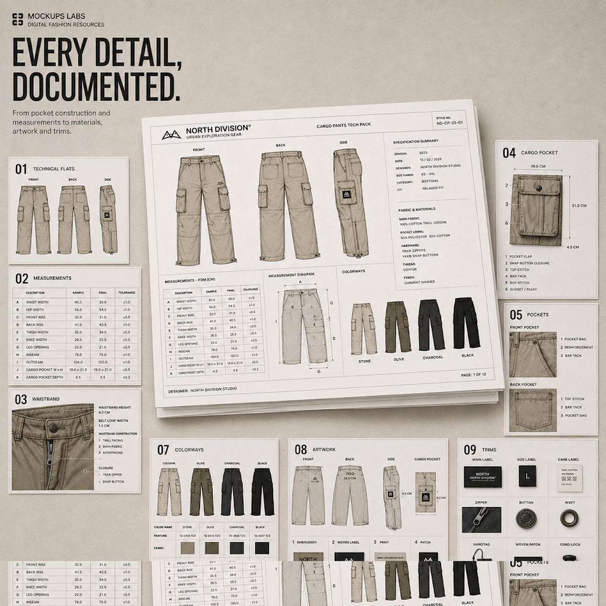 Cargo Pants Tech Pack measurement and garment specification template preview