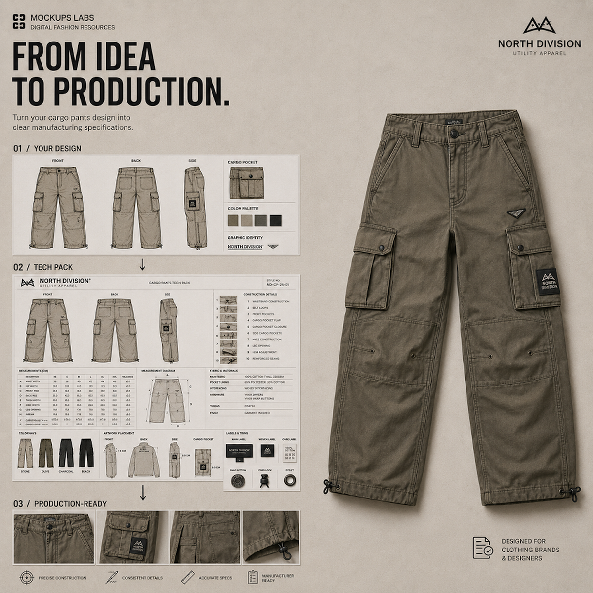 Cargo Pants Tech Pack technical flats and production detail template preview