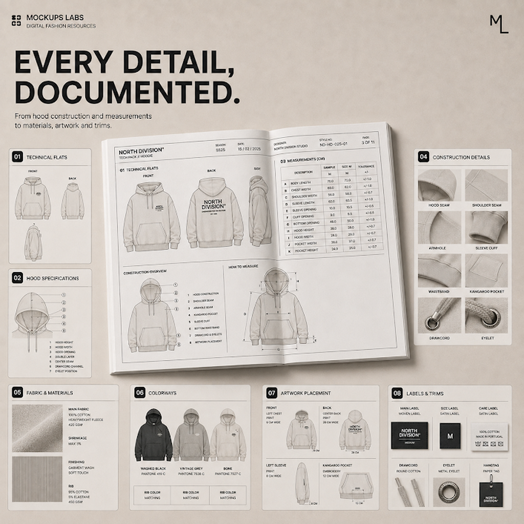 Hoodie Tech Pack measurement and garment specification template preview