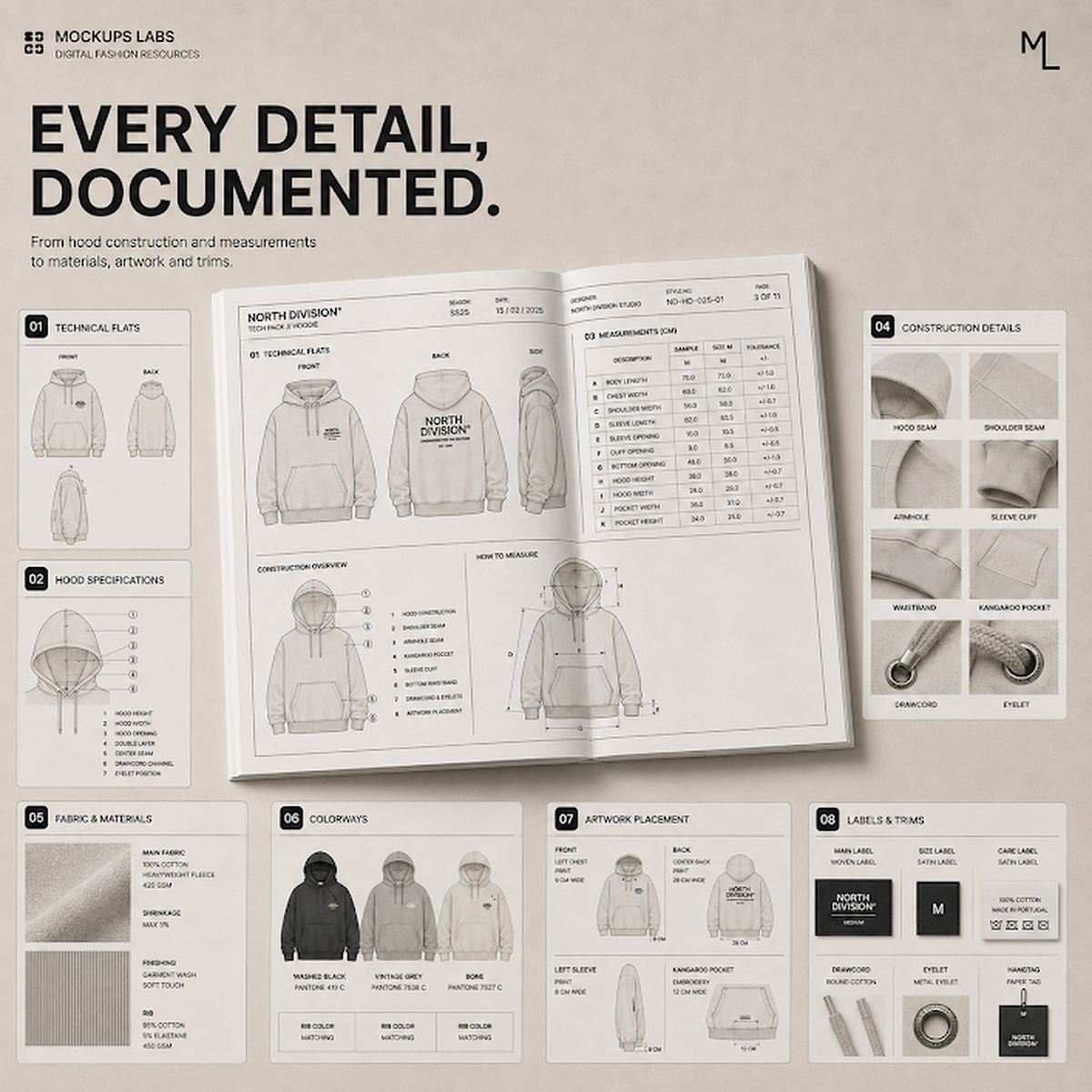 Hoodie Tech Pack measurement and garment specification template preview
