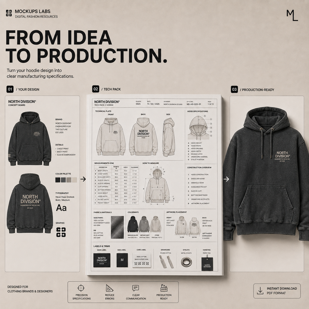 Hoodie Tech Pack technical flats and production detail template preview