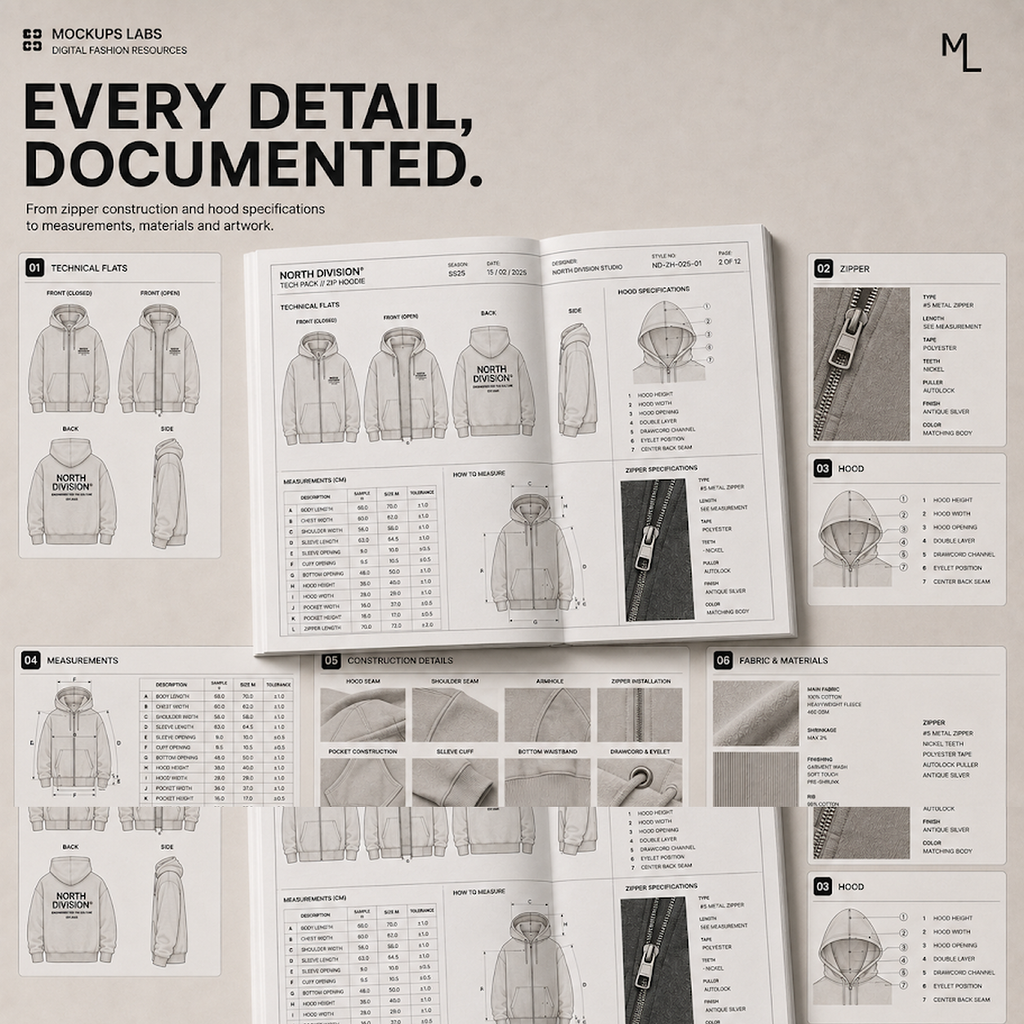 Zip Hoodie Tech Pack measurement and garment specification template preview