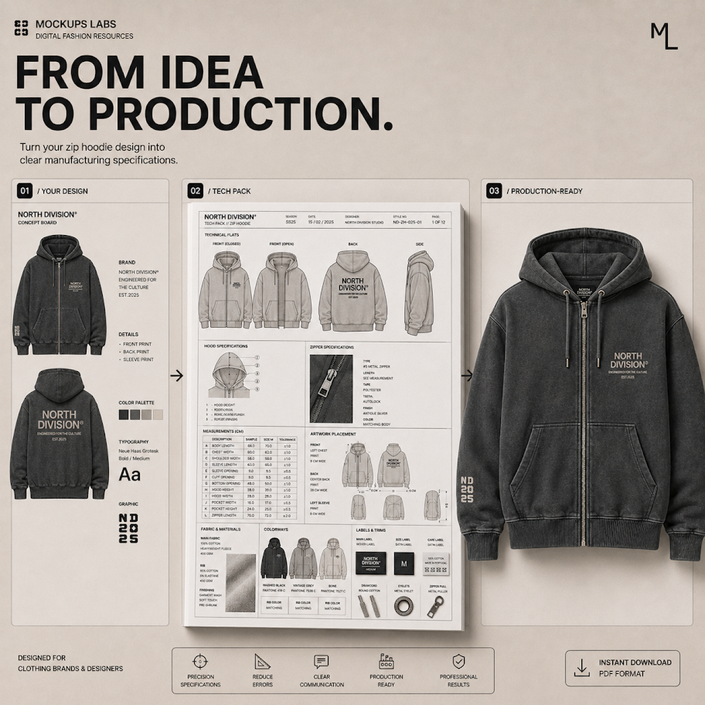 Zip Hoodie Tech Pack technical flats and production detail template preview