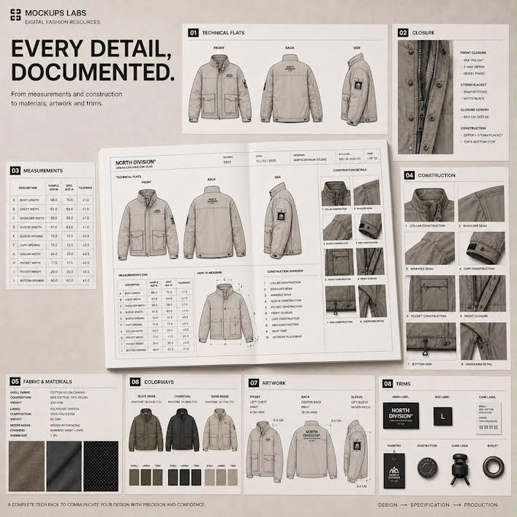 Jacket and Coat Tech Pack measurement and garment specification template preview