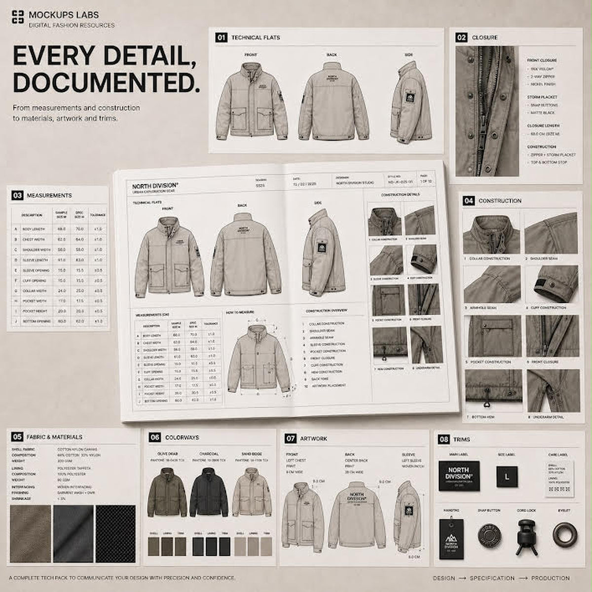 Jacket and Coat Tech Pack measurement and garment specification template preview