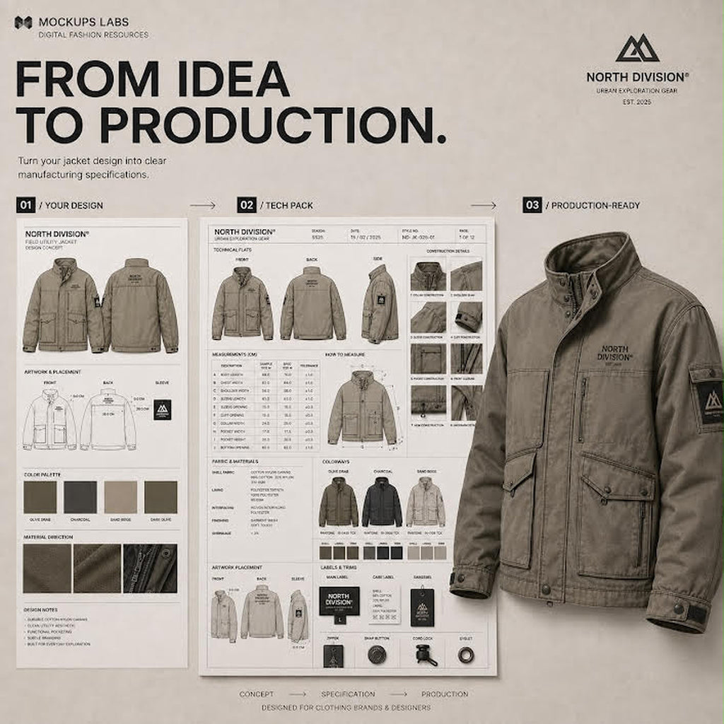 Jacket and Coat Tech Pack technical flats and production detail template preview