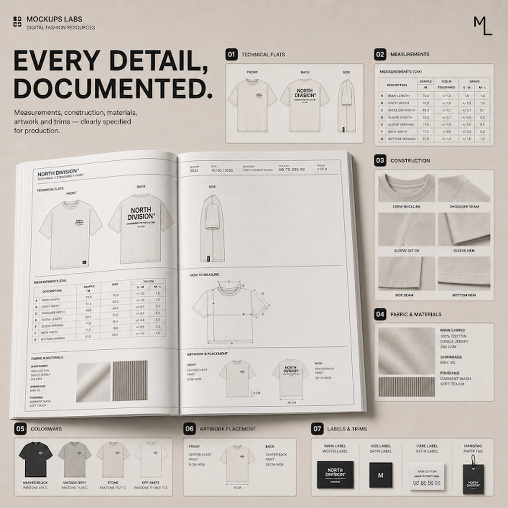 T-Shirt Tech Pack measurement and garment specification template preview