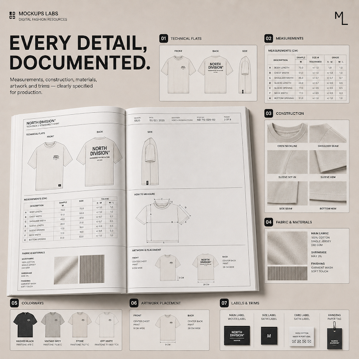 T-Shirt Tech Pack measurement and garment specification template preview