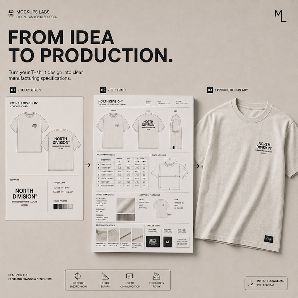 T-Shirt Tech Pack technical flats and production detail template preview
