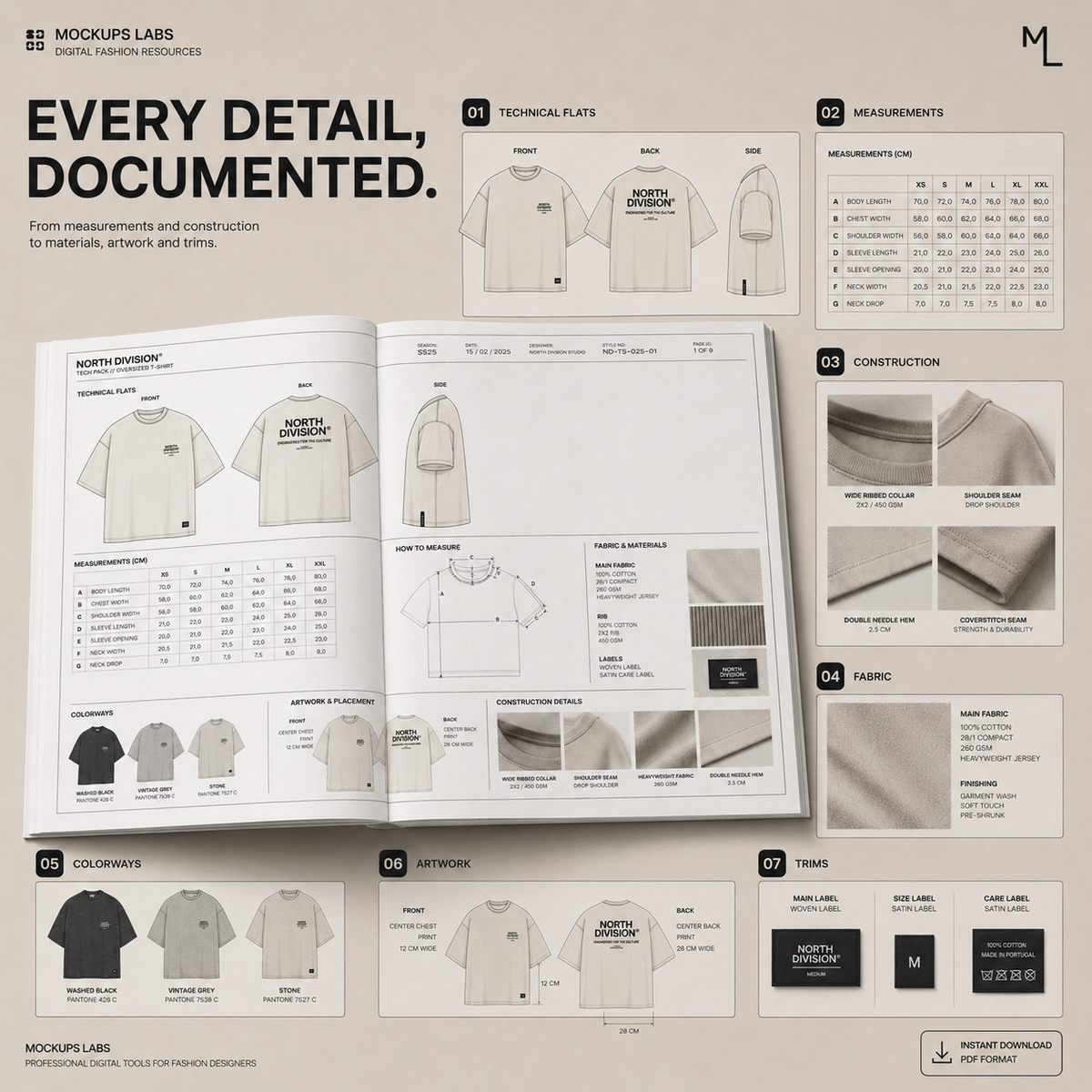 Oversized T-Shirt Tech Pack measurement and garment specification template preview
