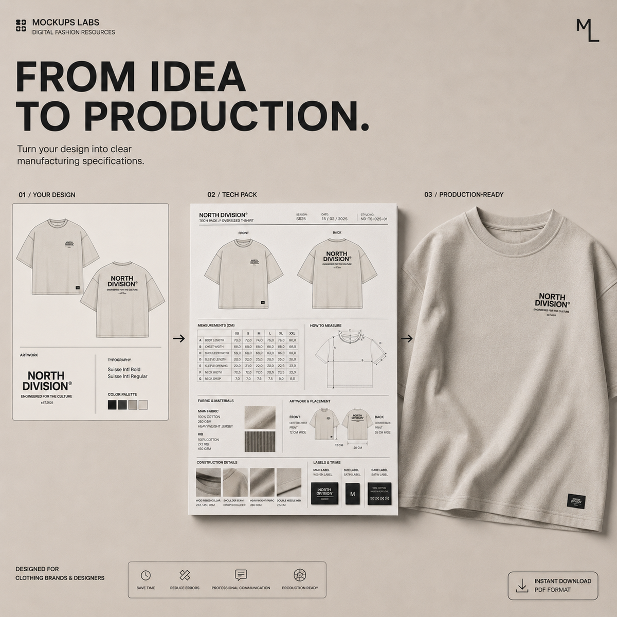 Oversized T-Shirt Tech Pack technical flats and production detail template preview